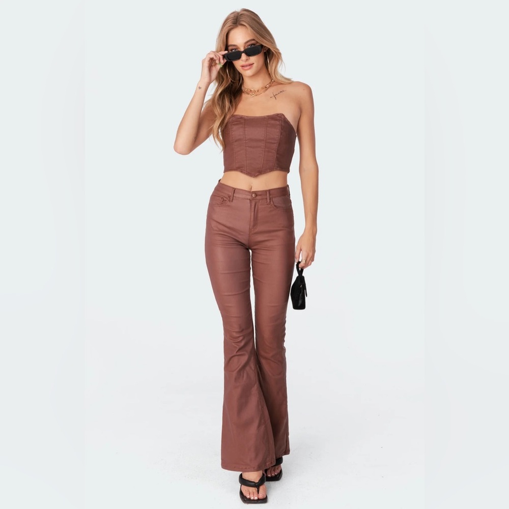 Edikted faux leather brown flare pants size M
